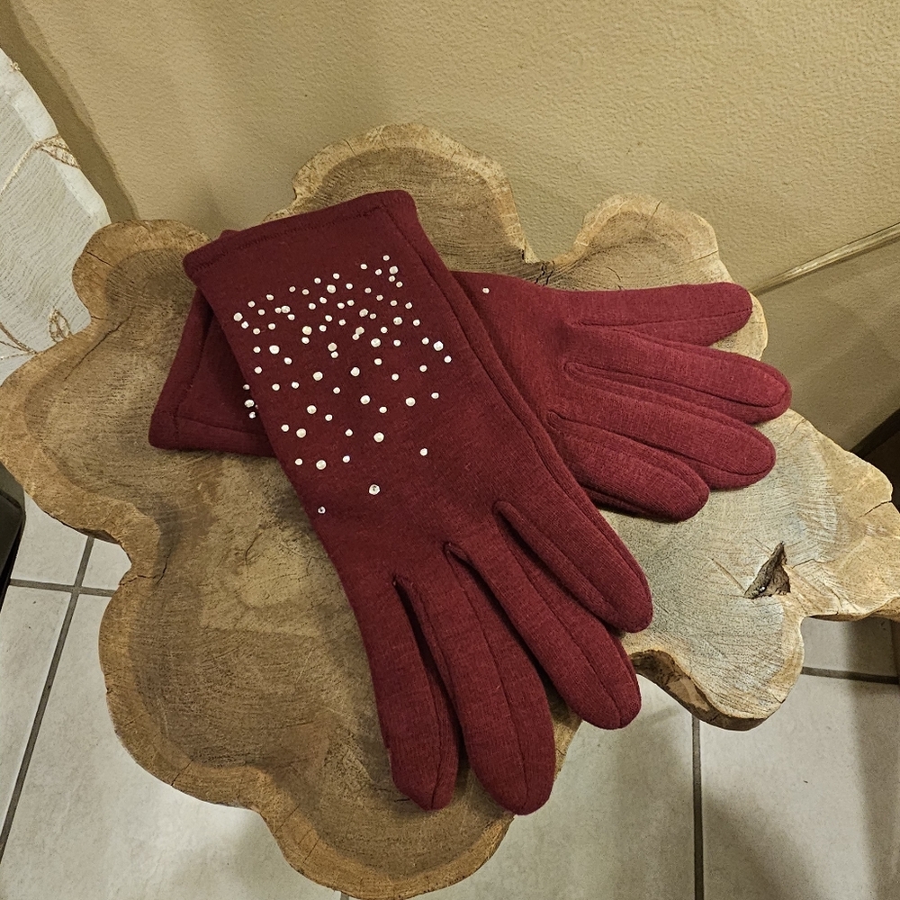 Chic Burgundy Touchscreen Gloves with Rhinestone Accents